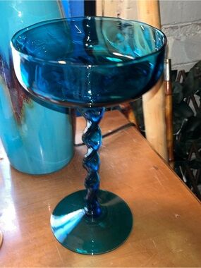 MCM Mid Century Blue Optic Art Glass Compote Twisted Stem Bowl Italy Empoli VTG